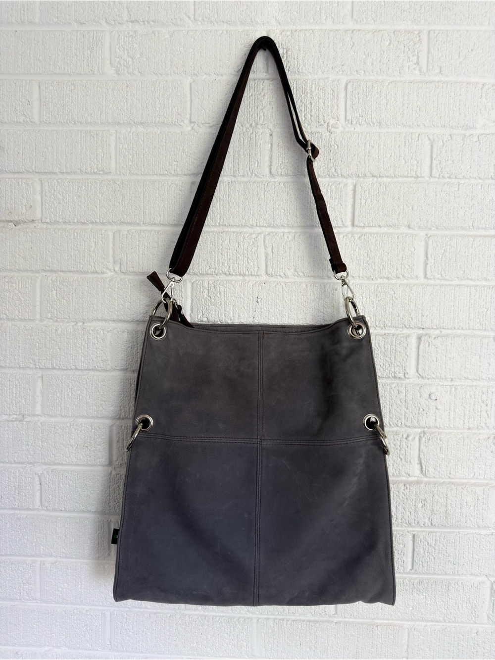 100% Toscana Dark Gray Brown Leather Shoulder Bag with Adjustable Strap